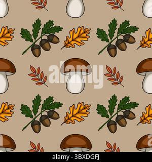 Motivo vettoriale senza cuciture con elementi autunnali: Funghi, ghiande, foglie di quercia e rami, per creare un design affascinante e rustico ideale per l'autunno Illustrazione Vettoriale