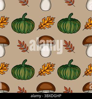 Motivo vettoriale senza cuciture con elementi autunnali disegnati a mano: Zucche verdi, funghi marroni, foglie di quercia e rowan su sfondo beige, per creare un ambiente accogliente Illustrazione Vettoriale