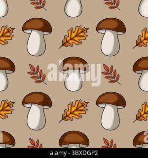 Motivo vettoriale senza cuciture di funghi autunnali, foglie di quercia e rami con foglie rosse su sfondo beige, perfetto per un design a tema autunnale Illustrazione Vettoriale