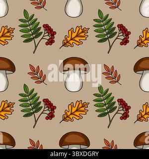 Motivo vettoriale senza cuciture con elementi autunnali: Funghi marroni, foglie di quercia, frutti di bosco e rami, per creare un design autunnale accogliente e rustico. Illustrazione Vettoriale