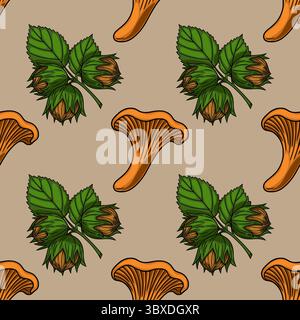 Motivo vettoriale senza cuciture con illustrazioni disegnate a mano di funghi canterelle e nocciole con foglie, creando un design autunnale rustico. Illustrazione Vettoriale