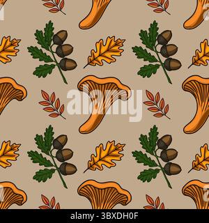 Motivo vettoriale senza cuciture caratterizzato da funghi canterelle, ghiande, foglie di quercia e rami autunnali disegnati a mano, creando un vivace design a tema autunnale Illustrazione Vettoriale