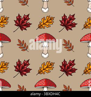 Motivo vettoriale senza cuciture con elementi autunnali disegnati a mano: Funghi agarici con mosca rossa, foglie di acero e quercia dettagliate e rami autunnali Illustrazione Vettoriale