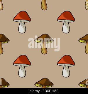Motivo vettoriale senza cuciture con illustrazioni disegnate a mano di funghi rossi e marroni su sfondo beige, creando un affascinante design autunnale. Illustrazione Vettoriale
