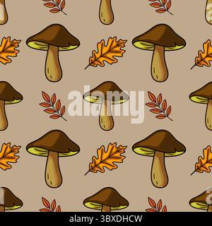 Motivo vettoriale senza cuciture con illustrazioni disegnate a mano di funghi e foglie autunnali in calde tonalità di marrone, arancione e giallo, creando un ambiente accogliente e accogliente Illustrazione Vettoriale