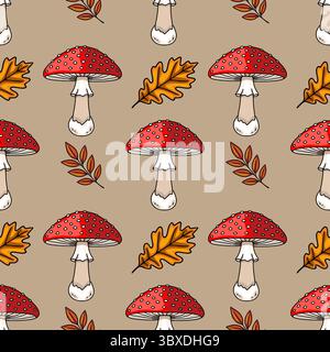 Motivo vettoriale senza cuciture con illustrazioni disegnate a mano di funghi agarici di mosca rossa, intervallati da foglie e rami autunnali di quercia, se Illustrazione Vettoriale