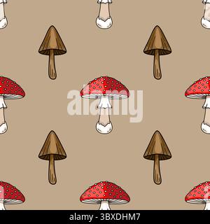 Motivo vettoriale senza cuciture con illustrazioni disegnate a mano di sgabelli rossi con puntini bianchi e funghi marroni, su uno sfondo beige silenzioso Illustrazione Vettoriale
