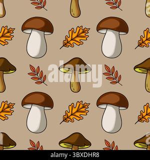 Motivo vettoriale senza cuciture con illustrazioni disegnate a mano di funghi marroni e foglie autunnali dai toni caldi e terrosi, creando un'atmosfera accogliente e naturale Illustrazione Vettoriale