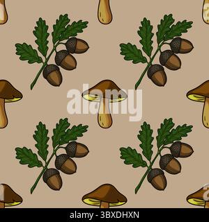 Motivo vettoriale senza cuciture con illustrazioni disegnate a mano di funghi marroni e rami di quercia con ghiande, su uno sfondo beige tenue, crea Illustrazione Vettoriale