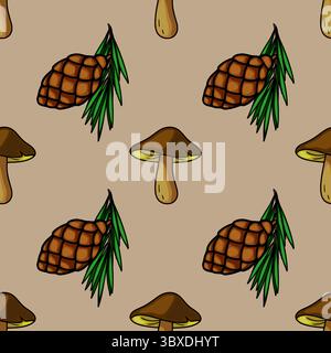 Motivo vettoriale senza cuciture con illustrazioni disegnate a mano di funghi marroni e coni di pino con aghi verdi, su sfondo beige tenue, Illustrazione Vettoriale