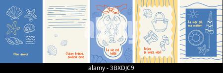 Cartoline estive retrò. Disegno a mano dell'estetica dolce vita. Poster mediterranei isolati con citazioni francesi e inglesi sulla spiaggia. Contorno vettoriale Vintag Illustrazione Vettoriale