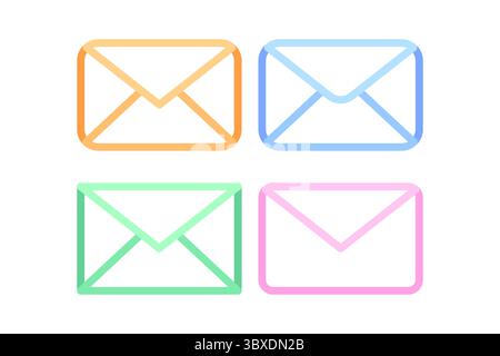 Icone delle buste a colori. Simboli dei messaggi di posta elettronica. Stile linea pastello. Comunicazione vettoriale impostata. Illustrazione Vettoriale