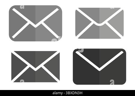Set di icone busta. Simboli e-mail monocromatici. Vettore postale piatto. Semplice confezione in scala di grigi. Illustrazione Vettoriale