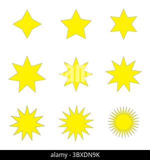 Collezione Yellow STAR. Forme di burst diverse. Emblema luminoso Vector. Brillanti icone Starburst. Illustrazione Vettoriale