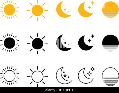 Set di icone Sole e Luna, simboli giorno e notte in nero e giallo, linea minima e stile solido per Web, App e illustrazione vettoriale. Illustrazione Vettoriale