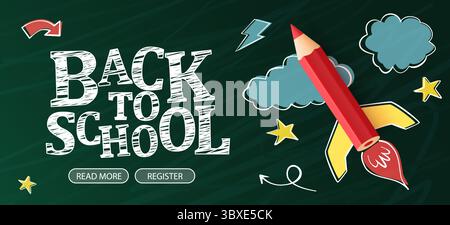 Torna a scuola. Tutorial e corsi digitali su Internet, formazione online, e-learning. Modello di banner Web per lo sviluppo di siti Web, landing page e app mobili. Stile doodle. Illustrazione vettoriale Illustrazione Vettoriale