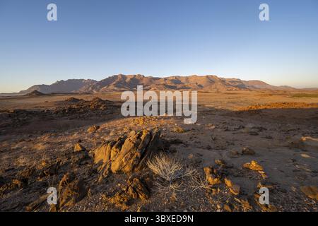 Paesaggio desertico con Brandberg alla luce del mattino, all'alba, Erongo, Damaraland, Namibia Foto Stock
