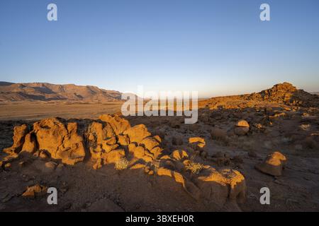 Paesaggio desertico con Brandberg alla luce del mattino, all'alba, Erongo, Damaraland, Namibia Foto Stock