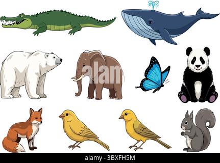 collezione variegata di animali da cartoni animati con coccodrillo, balena, orso polare, elefante, farfalla, panda, volpe, uccelli, scoiattolo Illustrazione Vettoriale