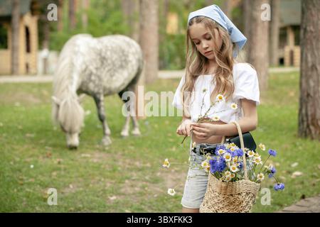 Bella ragazza con blusa leggera, pantaloncini in denim e velo che raccolgono fiori selvatici mentre cammina per la tenuta di campagna il giorno estivo con un hor grigio mela Foto Stock