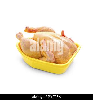 Pollo nutrito con mais in giallo il confezionamento di vassoio su sfondo bianco Foto Stock
