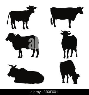 Silhouette nere di mucca su sfondo bianco forme vettoriali Australia Stock Vector Illustrazione Vettoriale