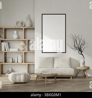 Un rendering 3D di alta qualità di interni moderni e minimalisti con una cornice vuota sulla parete, tonalità neutre e mobili eleganti Foto Stock