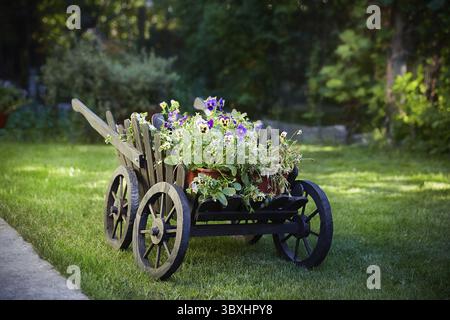 L'arredamento del Vecchio Giardino inglese. Un carrello in legno vecchio stile usato come installazione con vasi di fiori in campagna, un oggetto d'arte con un puledro Foto Stock