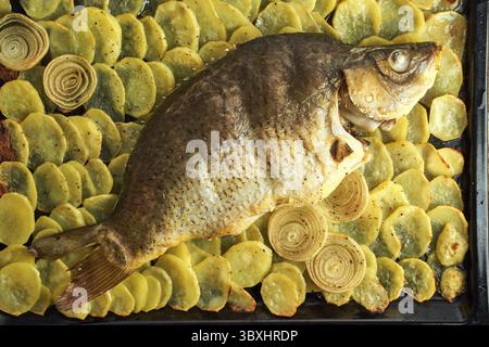 Carpa al forno, pesce intero dal forno con patate a fette su un vassoio grande Piatto tradizionale polacco europeo, adatto per un tavolo di Natale, vista dall'alto Foto Stock