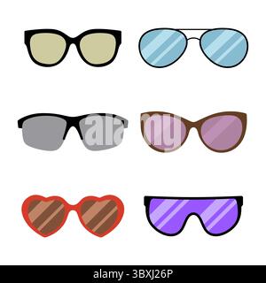 Set di eleganti occhiali da sole. Ogni paio presenta un design unico e un colore delle lenti. Questa collezione colorata è ideale per progetti a tema moda. Illustrazione Vettoriale