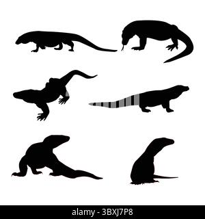 Draghi Komodo disegnano a mano silhouette Illustrator Illustrazione Vettoriale