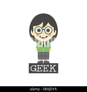 Geek girl tema personaggio cartoni animati illustrazione grafica vettoriale Foto Stock