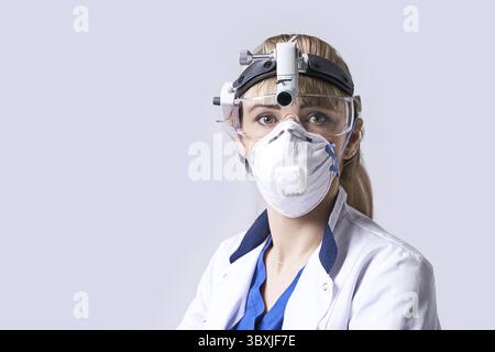 Medico esperto di otorinolaringoiatria che indossa un faro chirurgico e occhiali protettivi. Ritratto di otorinolaringoiatra o di chirurgo testa e collo sulla labbra Foto Stock