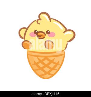 Un delizioso kawaii che raffigura un gelato in un cono di cialda a forma di un allegro pulcino. Il design è caratterizzato da colori brillanti, una piacevole espressione facciale Illustrazione Vettoriale