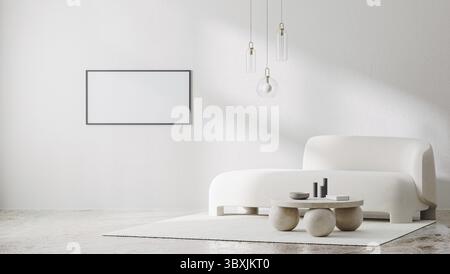 Mockup con cornice in interni bianchi con ombre alla luce del sole e divano bianco con tavolino in pietra e lampada a sospensione, rendering 3d. Foto Stock