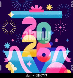 Apri la confezione regalo con il numero 2026 all'interno. Illustrazione geometrica piatta vettoriale. Design festivo per festeggiamenti di Capodanno, biglietti d'auguri, poste festive Illustrazione Vettoriale