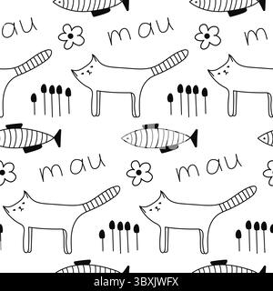 Gatto e pesce spaghettano senza cuciture. Simpatico motivo senza cuciture con gatto, fiore e pesce. Illustrazione disegnata a mano. Illustrazione Vettoriale