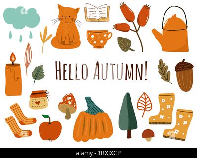 Un caldo e stravagante set di doodle autunnali con un gatto seduto, zucca, funghi, tazza, bollitore per il tè, mais, candela, foglie autunnali, stivali, vaso di miele, Illustrazione Vettoriale