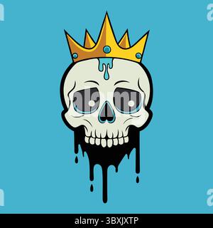 Cartoon Skull King: Dripping Paint, Pop Art Style, Cyan and Gold Palette, Vector Illustration Illustrazione Vettoriale