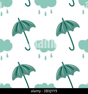 Nuvola con gocce di pioggia e ombrello. Motivo piovoso senza cuciture. Illustrazione Vettoriale