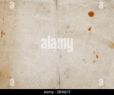 Foglio di carta danneggiato ingiallito. Vecchia pagina taccuino macchiata strappata con macchie marroni e piegatura visibile al centro della pagina. Grana carta vecchia. Foto Stock