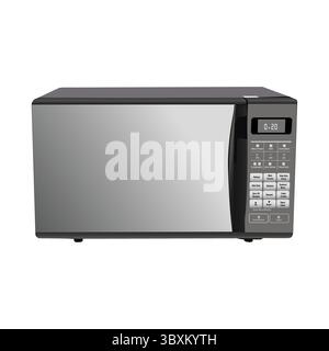 Microonde realistico isolato su sfondo bianco. Vista frontale del forno a microonde Over the Range in acciaio inox. Cucina di casa Illustrazione Vettoriale