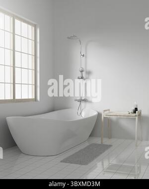 Un bagno elegante con vasca indipendente, doccia moderna e tanta luce naturale, perfetto per ispirare il design della casa contemporaneo Foto Stock