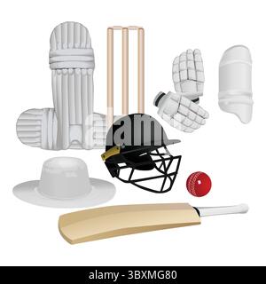 serie di immagini vettoriali realistiche del kit cricket su illustrazione bianca Illustrazione Vettoriale