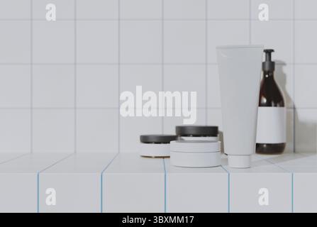 Mock-up di contenitori con vasetti e tubi di panna con sfondo piastrellato bianco, rendering 3d. Foto Stock