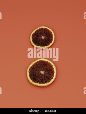 Due fette di graipfruit su sfondo arancione dalla vista superiore, rendering 3d. Foto Stock