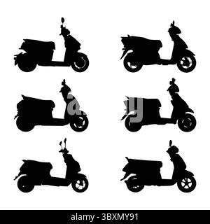 Set di scooter elettrico elettrico elettrico, figura con silhouette nera fumosa Vol 03 Illustrazione Vettoriale