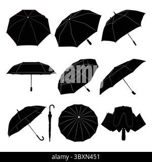 Set di illustrazione vettoriale della silhouette nera dell'ombrello su sfondo bianco Vol 01 Illustrazione Vettoriale