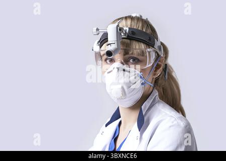 Medico esperto di otorinolaringoiatria che indossa un faro chirurgico e occhiali protettivi. Ritratto di otorinolaringoiatra o di chirurgo testa e collo sulla labbra Foto Stock