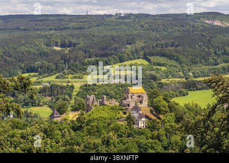 Potstejn, repubblica Ceca - 07 15 2022: Castello di Potstejn, rovine di un castello su una collina boscosa Foto Stock